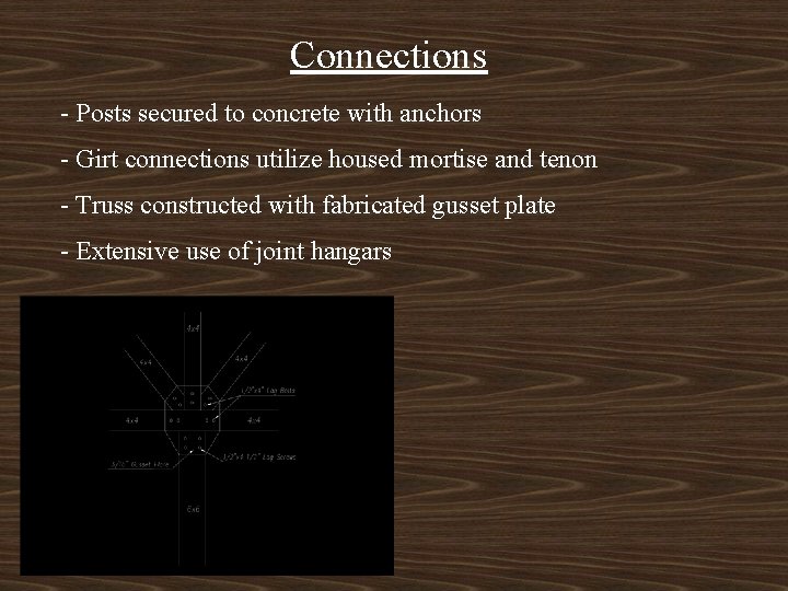 Connections - Posts secured to concrete with anchors - Girt connections utilize housed mortise