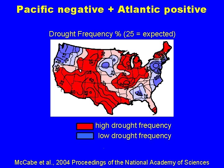 Pacific negative + Atlantic positive Drought Frequency % (25 = expected) . high drought