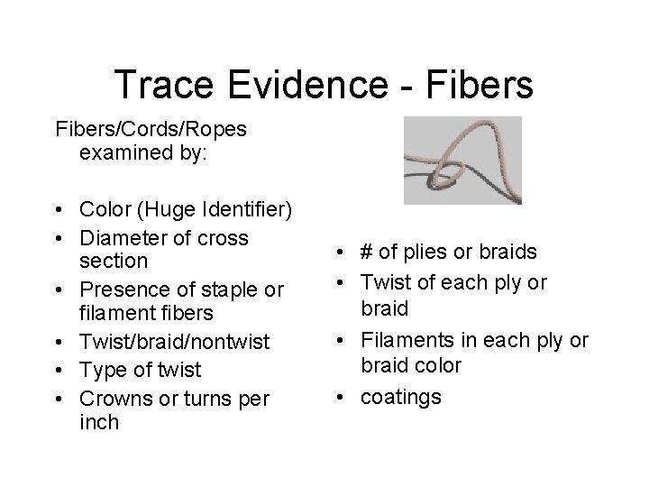 Trace Evidence - Fibers/Cords/Ropes examined by: • Color (Huge Identifier) • Diameter of cross