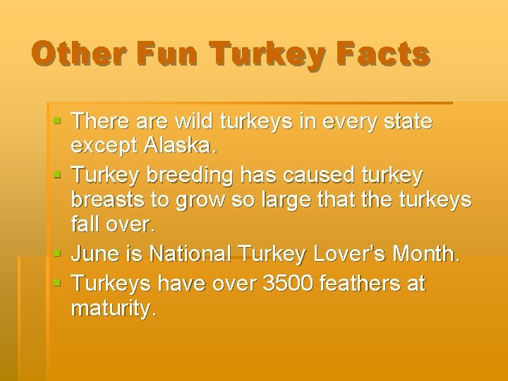 Other Fun Turkey Facts § There are wild turkeys in every state except Alaska.