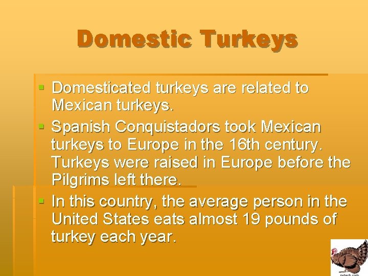 Domestic Turkeys § Domesticated turkeys are related to Mexican turkeys. § Spanish Conquistadors took