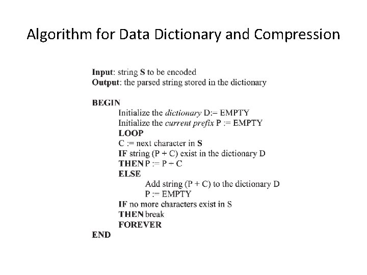 Algorithm for Data Dictionary and Compression 