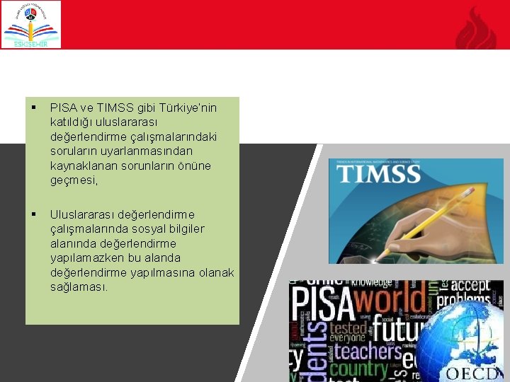 § PISA ve TIMSS gibi Türkiye’nin katıldığı uluslararası değerlendirme çalışmalarındaki soruların uyarlanmasından kaynaklanan sorunların