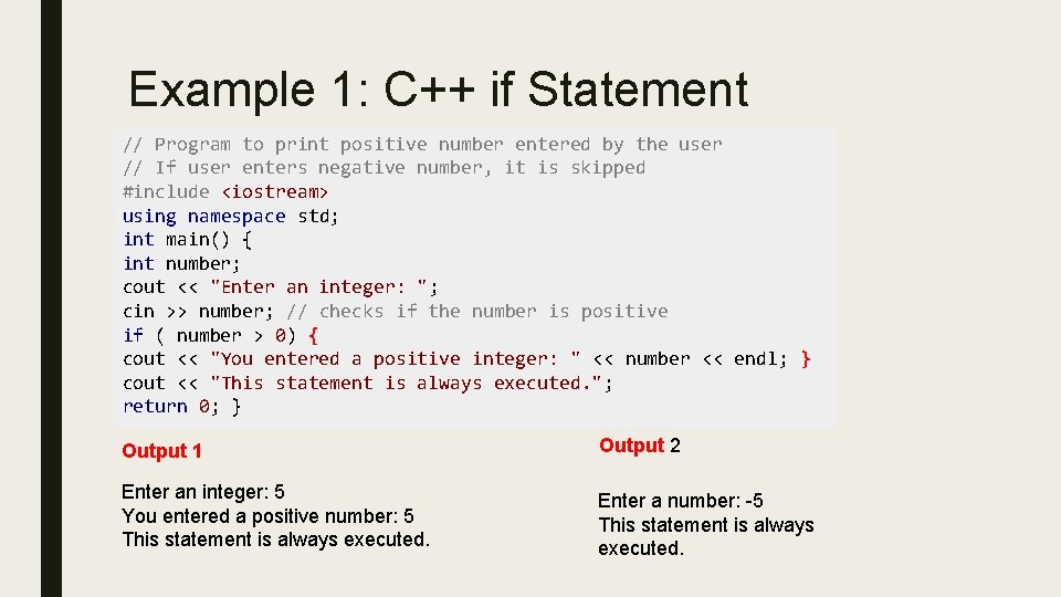 Example 1: C++ if Statement // Program to print positive number entered by the Example 1: C++ if Statement // Program to print positive number entered by the