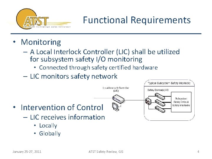 Functional Requirements • Monitoring – A Local Interlock Controller (LIC) shall be utilized for