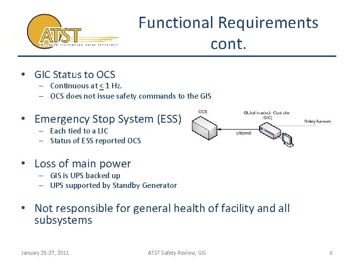 Functional Requirements cont. • GIC Status to OCS – Continuous at < 1 Hz.