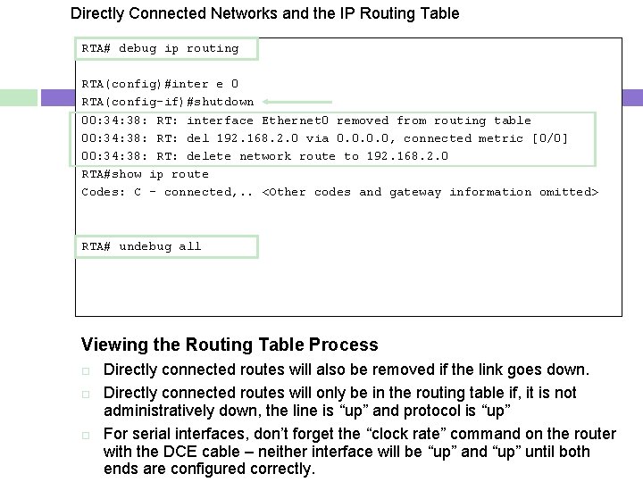Directly Connected Networks and the IP Routing Table RTA# debug ip routing RTA(config)#inter e