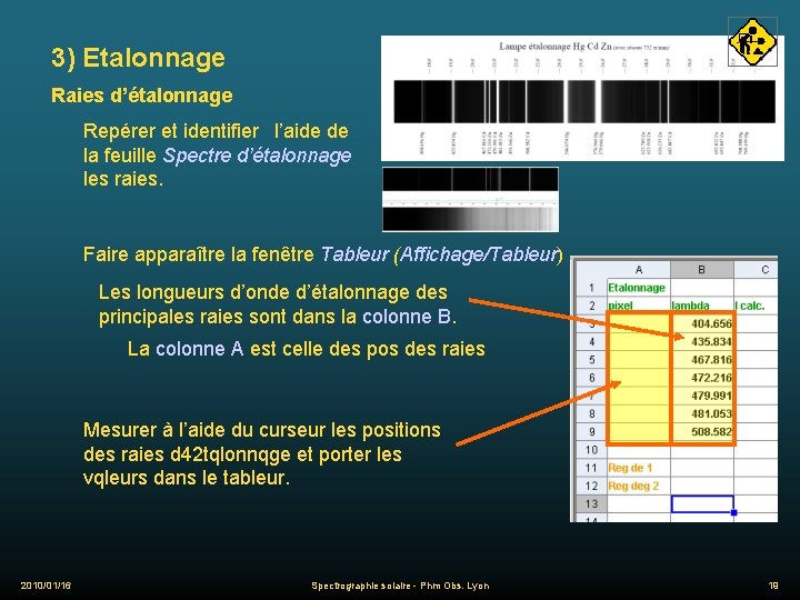 3) Etalonnage Raies d’étalonnage Repérer et identifier l’aide de la feuille Spectre d’étalonnage les