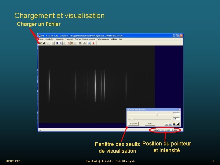 Chargement et visualisation Charger un fichier Fenêtre des seuils Position du pointeur et intensité