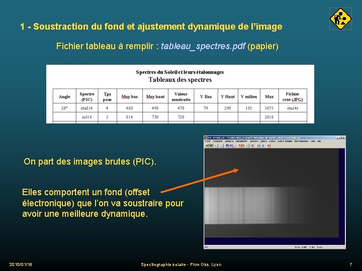 1 - Soustraction du fond et ajustement dynamique de l’image Fichier tableau à remplir