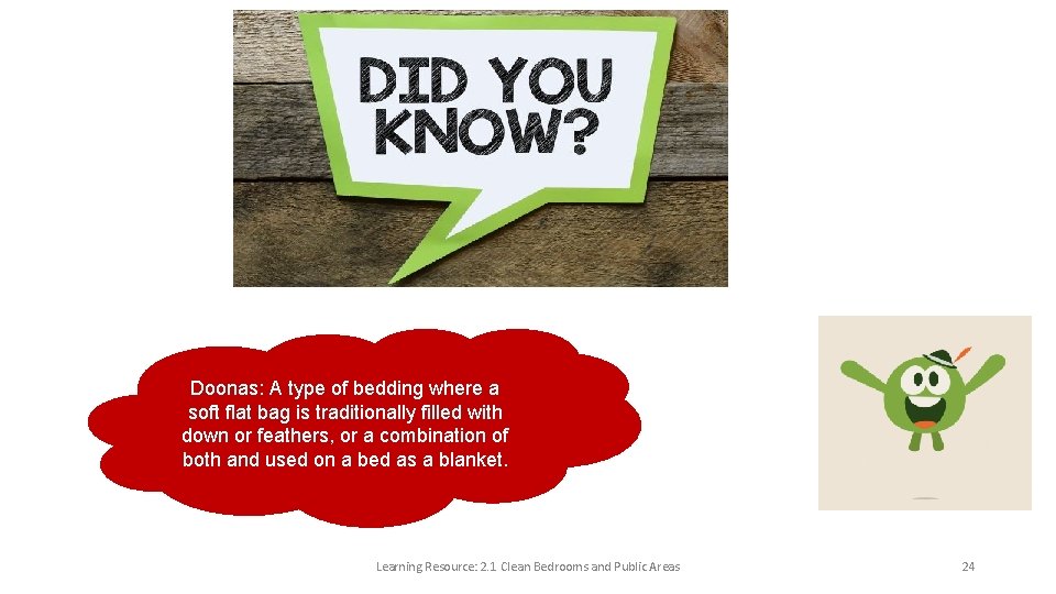 Doonas: A type of bedding where a soft flat bag is traditionally filled with