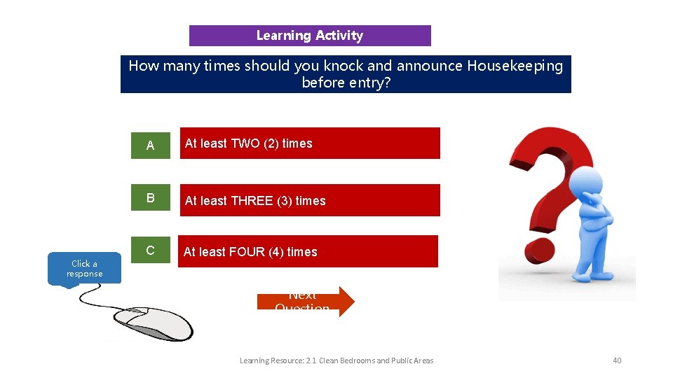 Learning Activity How many times should you knock and announce Housekeeping before entry? Click