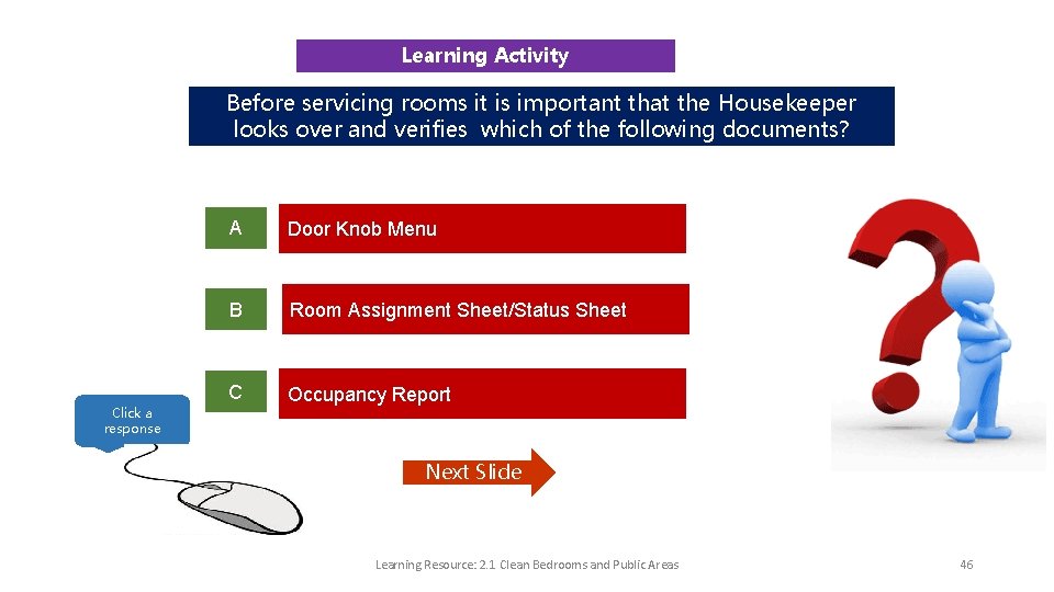 Learning Activity Before servicing rooms it is important that the Housekeeper looks over and