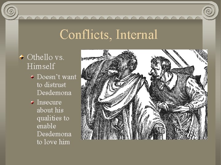 Conflicts, Internal Othello vs. Himself Doesn’t want to distrust Desdemona Insecure about his qualities