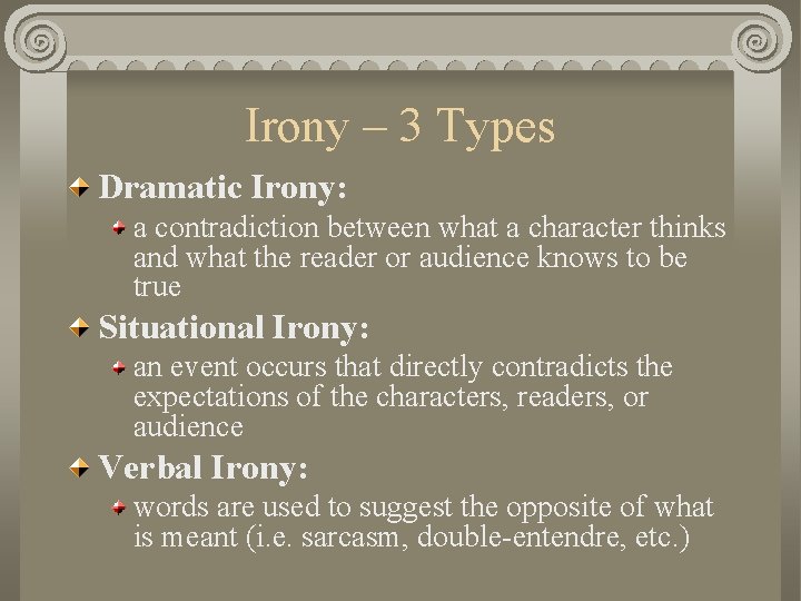 Irony – 3 Types Dramatic Irony: a contradiction between what a character thinks and