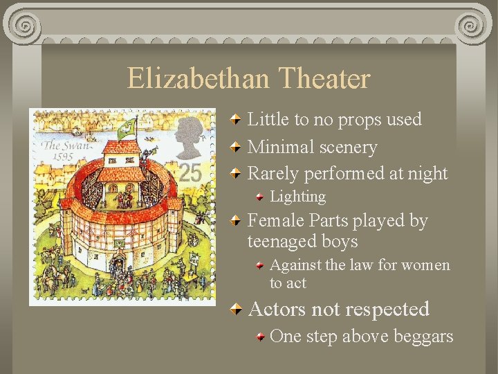 Elizabethan Theater Little to no props used Minimal scenery Rarely performed at night Lighting