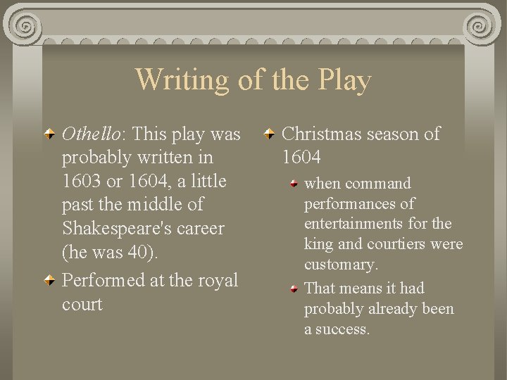 Writing of the Play Othello: This play was probably written in 1603 or 1604,