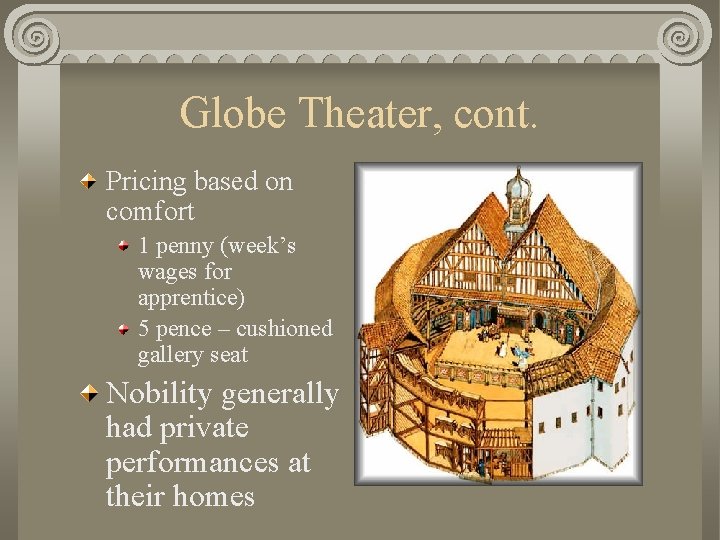 Globe Theater, cont. Pricing based on comfort 1 penny (week’s wages for apprentice) 5