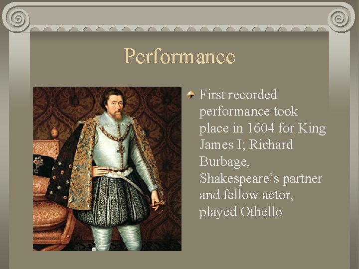 Performance First recorded performance took place in 1604 for King James I; Richard Burbage,