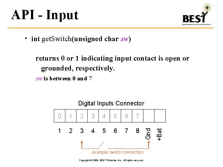 API - Input • int get. Switch(unsigned char sw) returns 0 or 1 indicating