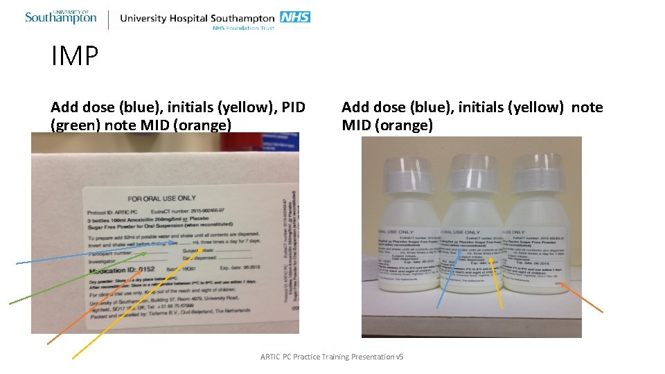 IMP Add dose (blue), initials (yellow), PID (green) note MID (orange) Add dose (blue),