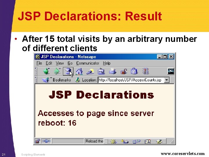 JSP Declarations: Result • After 15 total visits by an arbitrary number of different