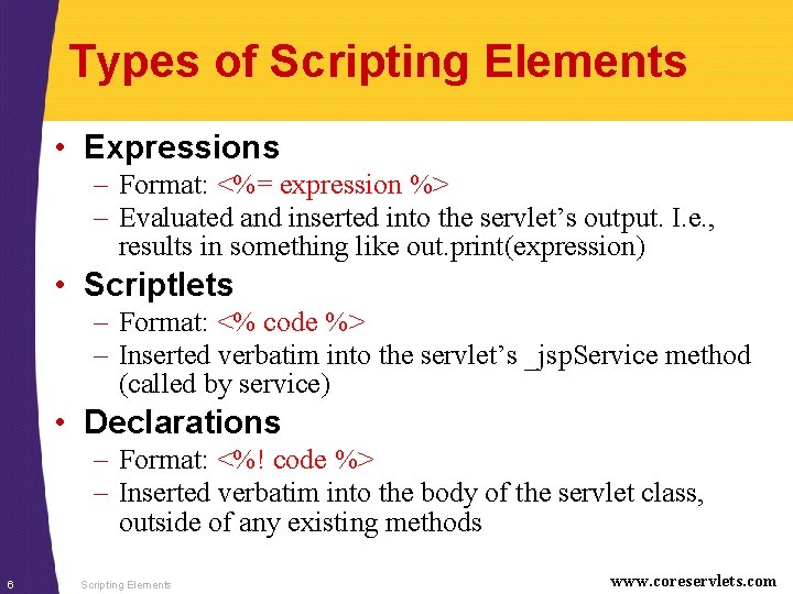 Types of Scripting Elements • Expressions – Format: <%= expression %> – Evaluated and