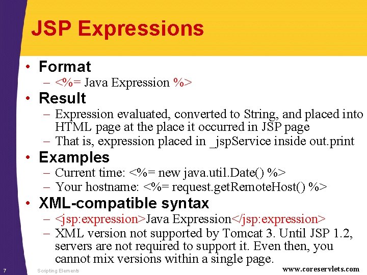 JSP Expressions • Format – <%= Java Expression %> • Result – Expression evaluated,