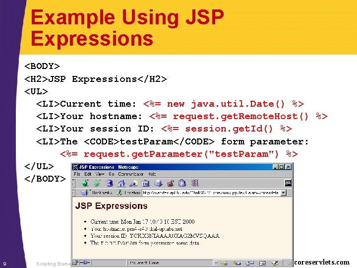 Example Using JSP Expressions <BODY> <H 2>JSP Expressions</H 2> <UL> <LI>Current time: <%= new