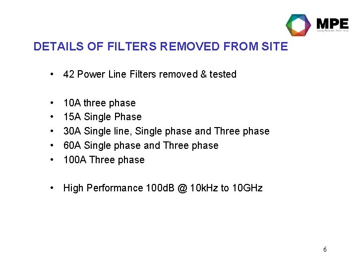 DETAILS OF FILTERS REMOVED FROM SITE • 42 Power Line Filters removed & tested