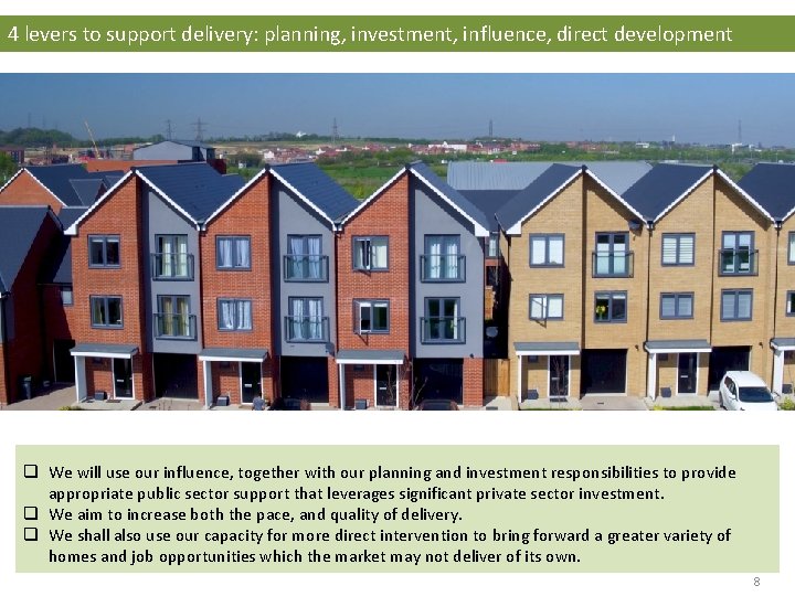 4 levers to support delivery: planning, investment, influence, direct development q We will use