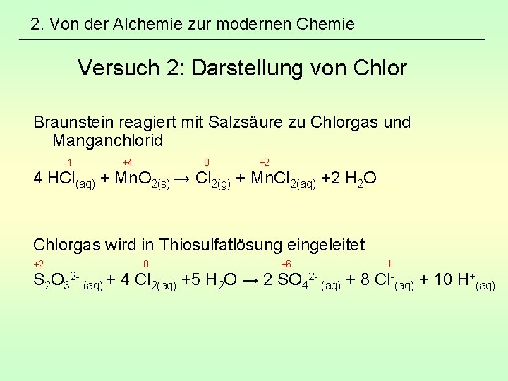 2. Von der Alchemie zur modernen Chemie Versuch 2: Darstellung von Chlor Braunstein reagiert