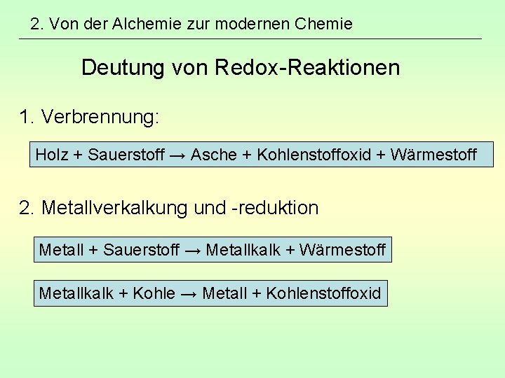 2. Von der Alchemie zur modernen Chemie Deutung von Redox-Reaktionen 1. Verbrennung: Holz +