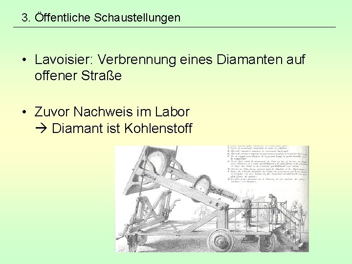 3. Öffentliche Schaustellungen • Lavoisier: Verbrennung eines Diamanten auf offener Straße • Zuvor Nachweis