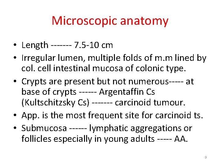 Microscopic anatomy • Length ------- 7. 5 -10 cm • Irregular lumen, multiple folds