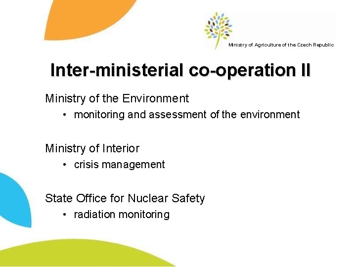 Ministry of Agriculture of the Czech Republic Inter-ministerial co-operation II Ministry of the Environment