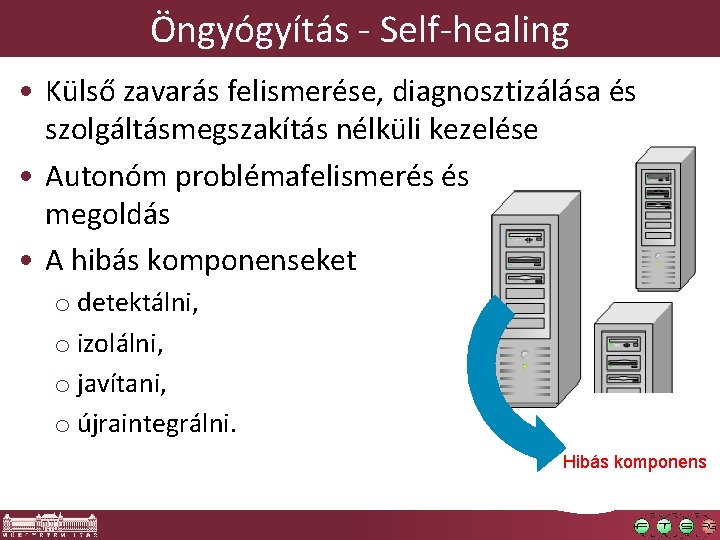 Öngyógyítás - Self-healing • Külső zavarás felismerése, diagnosztizálása és szolgáltásmegszakítás nélküli kezelése • Autonóm