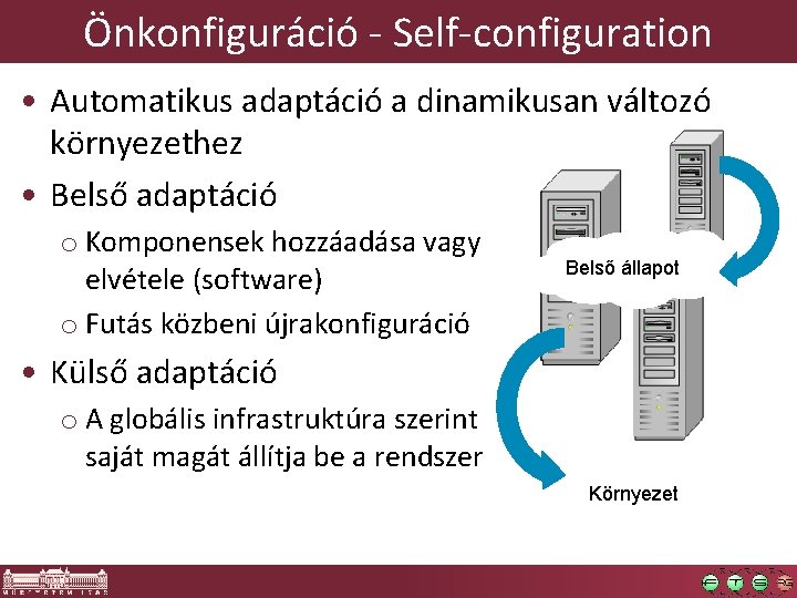 Önkonfiguráció - Self-configuration • Automatikus adaptáció a dinamikusan változó környezethez • Belső adaptáció o