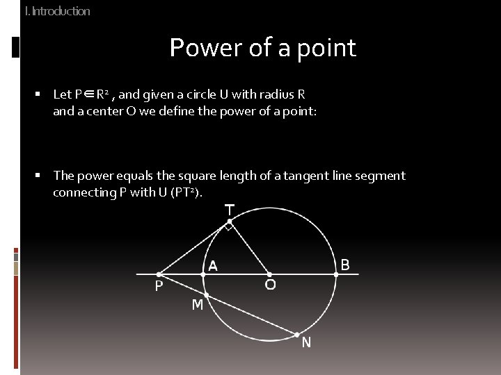 I. Introduction Power of a point Let P∈R 2 , and given a circle