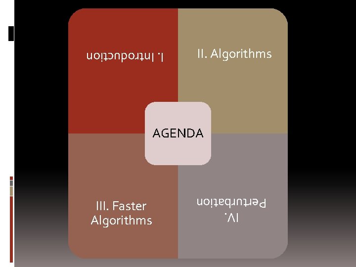 II. Algorithms I. Introduction AGENDA IV. Perturbation III. Faster Algorithms 