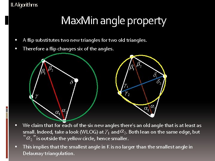 II. Algorithms Max. Min angle property A flip substitutes two new triangles for two