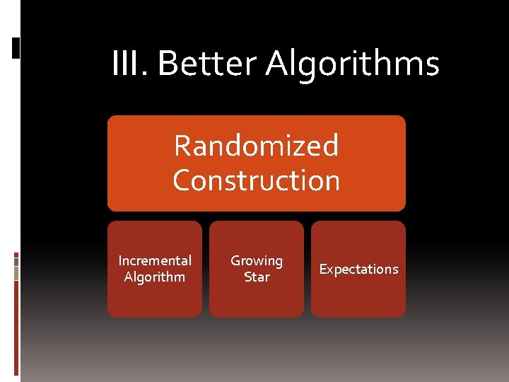 III. Better Algorithms Randomized Construction Incremental Algorithm Growing Star Expectations 