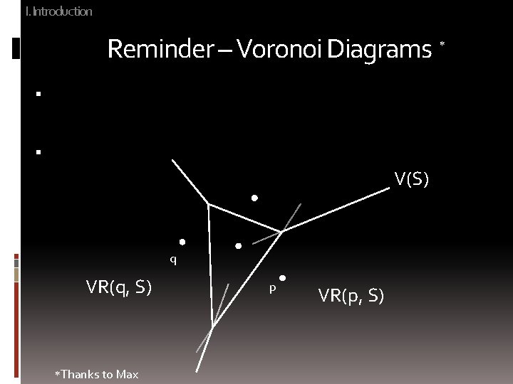 I. Introduction Reminder – Voronoi Diagrams V(S) q VR(q, S) Thanks to Max p