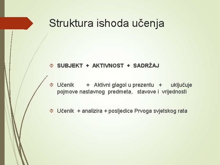 Struktura ishoda učenja SUBJEKT + AKTIVNOST + SADRŽAJ Učenik + Aktivni glagol u prezentu