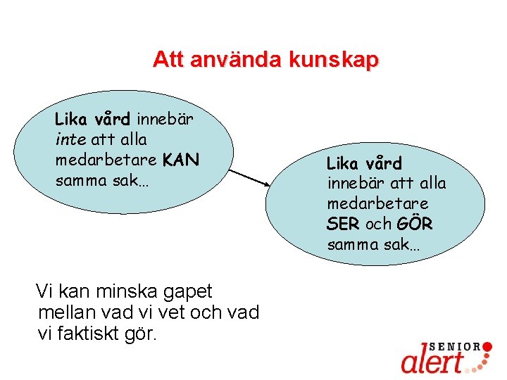 Att använda kunskap Lika vård innebär inte att alla medarbetare KAN samma sak… Vi