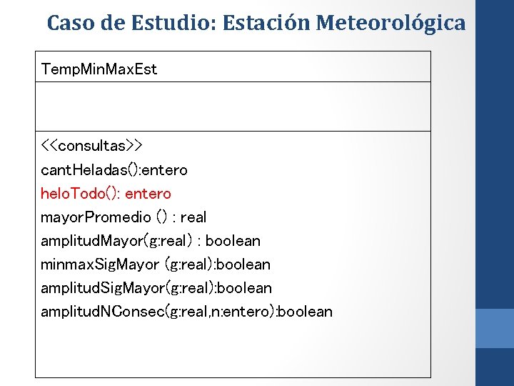 Caso de Estudio: Estación Meteorológica Temp. Min. Max. Est <<consultas>> cant. Heladas(): entero helo.