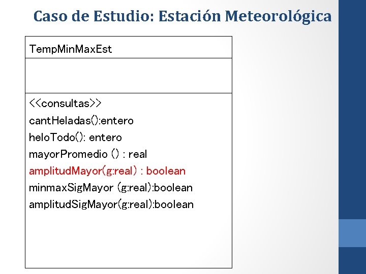 Caso de Estudio: Estación Meteorológica Temp. Min. Max. Est <<consultas>> cant. Heladas(): entero helo.