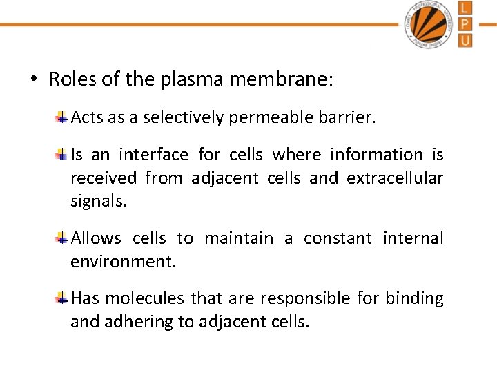  • Roles of the plasma membrane: Acts as a selectively permeable barrier. Is