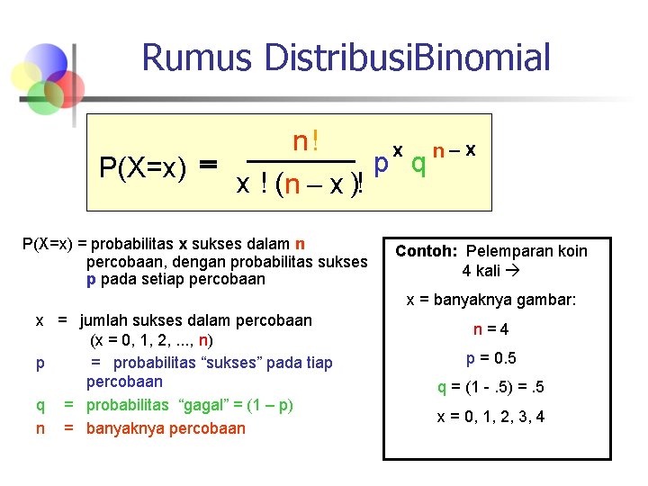 Rumus Distribusi. Binomial n! x n-x p q P(X=x) = x ! (n -