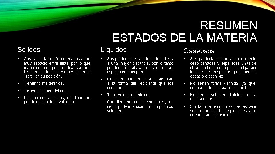 RESUMEN ESTADOS DE LA MATERIA Sólidos Líquidos Gaseosos • • Sus partículas están desordenadas